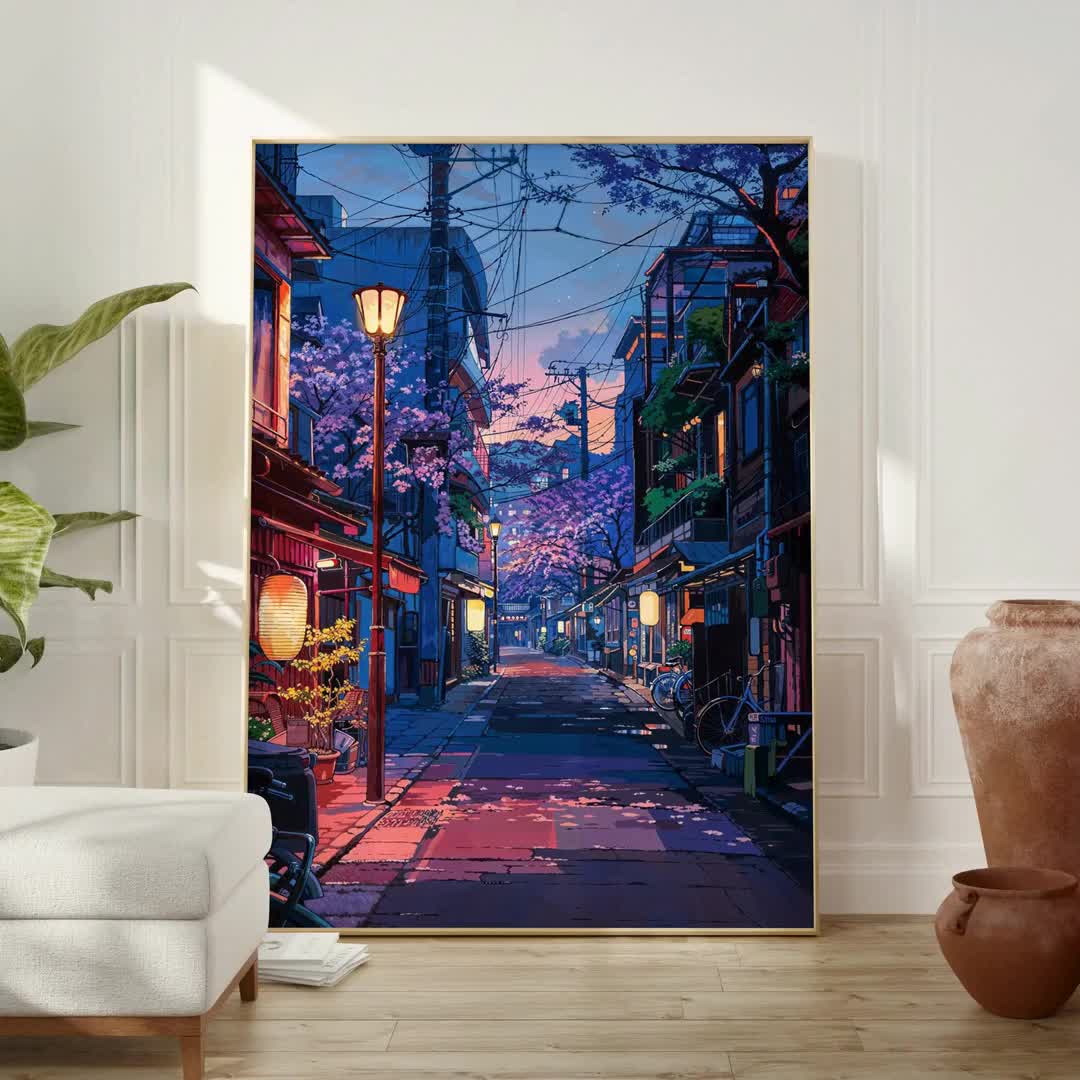 Anime Street Poster, Sunset Sakura Alleyway Art, Japanese Wall Art